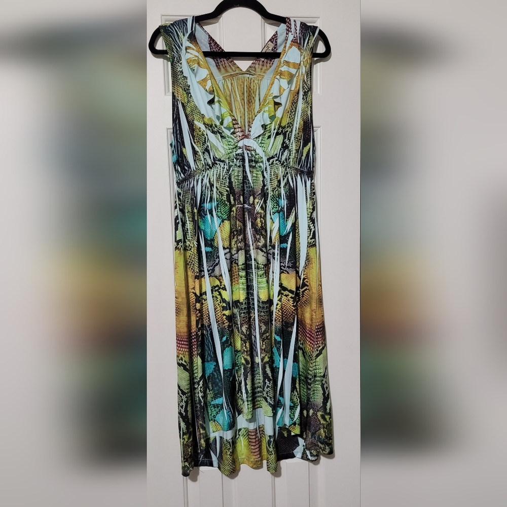 ONE WORLD Sleeveless Tropical Print Maxi Dress in Green, Yellow, Teal